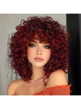 Burgundy Short Afro Curly Wig w/ Bangs